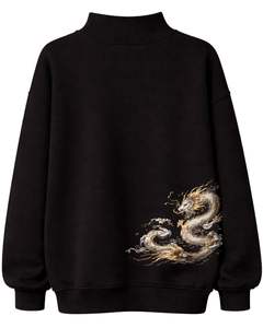 Sweat-shirt en molleton noir surdimensionné personnalisé pour femme, col montant, imprimé dragon, pull chaud décontracté, streetwear, haut tendance hiver - Product Image 2