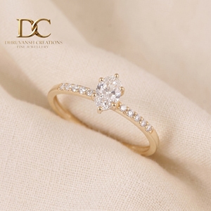 Anillo de compromiso moderno de lujo en oro amarillo macizo de 9K con diamante de corte ovalado y engaste pavé, joyería fina para mujer - Product Image 4