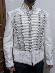 Veste Hussar Unisexe Blanche Premium 100% Coton Respirant, Uniforme Cérémoniel avec Tressage et Bordure Argentés - Product Image 1