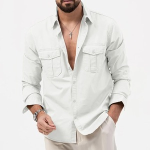 Chemise en twill de coton 100% kaki pour homme, manches longues, coupe ajustée élégante avec poches avant, style tendance. - Product Image 4