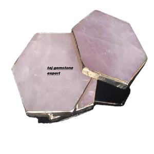 Venta al por mayor piedras naturales cristales curación piedra preciosa ágata rosa cuarzo curación hexágono piedra preciosa posavasos rebanada con adorno de oro - Product Image 5