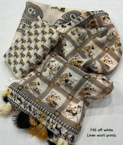 ผ้าส่าหรีพิมพ์ลายวารลีผ้าฝ้ายลินิน KV Trendy พร้อมงานกระจก - Product Image 4