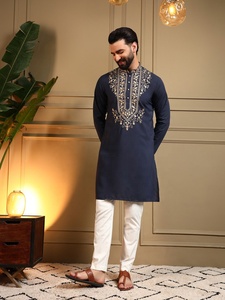 <b>Men</b> Navy Blue Embroidered <b>Kurta</b> With White Pajama Regular Fit Traditional Indian Pakistani Knee-Length Casual Wear - Product Image 4