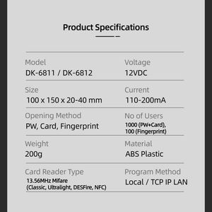 DK-6811 Terminal d'accès biométrique LAN (empreinte digitale/carte/mot de passe) pour 1000+100 utilisateurs, programmation Web/TCP, gestion du temps de présence mensuelle - Product Image 6