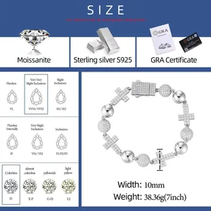 Luxury 22k <b>Gold</b> Plated <b>Beaded</b> <b>Bracelet</b> With Moissanite Cross And Round Brilliant Cut Stones Unisex Everyday Wear - Product Image 3