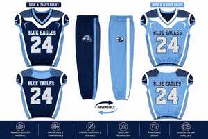 Ensemble d'uniformes de football américain personnalisés |   Maillot de football sublimé bleu marine et bleu ciel avec pantalon assorti |   Vêtements d'équipe OEM - Product Image 3