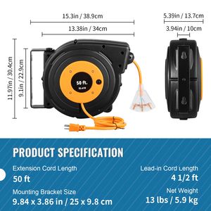 Avvolgicavo Elettrico Retrattile da 15m, Cavo di Prolunga 14AWG/3CSJTOW con Spina NEMA 5-15P per Elettrodomestici, IP44, Corrente 10A, Spina USA - Product Image 5