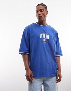Camiseta de algodón de manga corta con cuello redondo para hombre, azul, de corte holgado, informal, de punto jersey, con estampado frontal y ribete en contraste. - Product Image 1