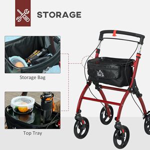Deambulatore Regolabile in Altezza per Anziani con Doppio Freno, Ruote e Vano Portaoggetti, Leggero, Rosso - Product Image 4