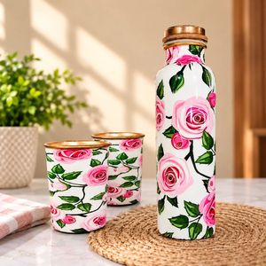 Rose floral copper bottle Copper bottle with <b>glasses</b> Handicraft copper drinkware Floral design copper set - Product Image 2