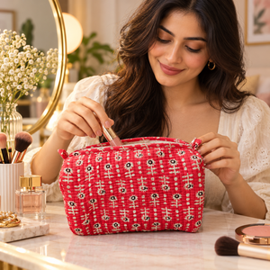 Handmade Style Red Floral Cotton Quilted Makeup <b>Bag</b> Wholesale Travel Cosmetic Pouch Zipper <b>Toiletry</b> Organizer for <b>Women</b> - Product Image 1