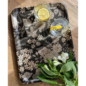 Luxury Black Floral Print Metal Serving Tray <b>Rectangle</b> Decorative Enamel Drinks Platter for Hotel Restaurant Home <b>Coffee</b> <b>Table</b> - Product Image 1