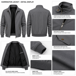 Veste Harrington décontractée pour homme en tissu sergé premium, fermeture éclair, poches boutonnées, logo personnalisé - Product Image 6