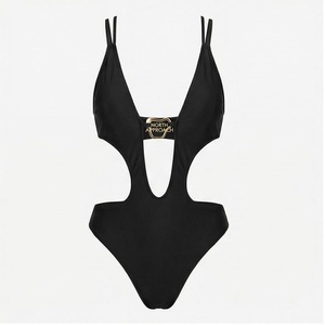 North Approach Women's Black One-Piece Swimsuit Deep V Neck Hollow Out Bandeau Style High Waist Stretch Swimwear - Product Image 1
