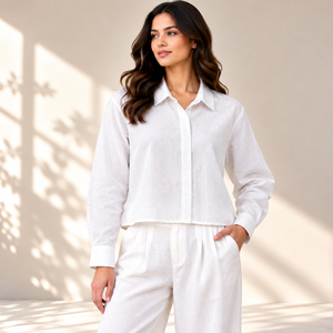 Summer Pure <b>Linen</b> Women Mandarin Collar Eco-Friendly Crop Shirt Latest Fashion New Style Long Sleeve Casual & Party Wear - Product Image 4
