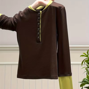 Top de Dos Piezas Estilo Coreano para Mujer, Color Combinado, Media Manga, Cuello Tipo Túnica, Corto, Verano, Ecológico - Product Image 1