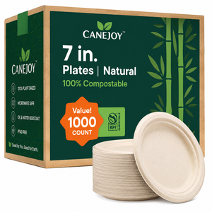 CANEJOY 7 นิ้ว จานแบกาสเซ่แบบหนา ทนทาน ใช้แล้วทิ้ง ย่อยสลายได้ตามธรรมชาติ ใช้กับไมโครเวฟได้ เป็นมิตรกับสิ่งแวดล้อม สำหรับงานเลี้ยง 1000 ชิ้น - Product Image 1
