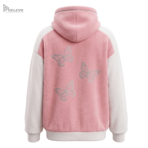 Custom Heavyweight Cotton Fleece <b>Hoodie</b> Unisex <b>Pink</b> White Rhinestone Butterfly Pullover <b>Hoodie</b> Kangaroo Pocket - Product Image 2
