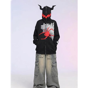 Unisex Embroidered Hip Hop Spider Hoodie Devil Horn Gothic Jacket Y2K Harajuku Streetwear Full <b>Zip</b> 100% Cotton OEM Winter - Product Image 5
