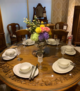 Mesa de Comedor de Estilo Romántico, Hecha a Mano con Rosas Talladas, 130 cm de Diámetro, Madera de Teca Europea Antigua, Sostenible y Duradera, Muebles para Comedor - Product Image 5