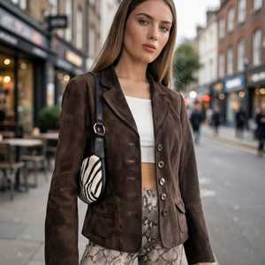 Women's Brown Suede <b>Blazer</b> Long Sleeve Notched Collar Button Up Coat - Product Image 2