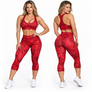 Wholesale <b>Women</b> <b>Camo</b> Printed 2 Piece Yoga Bra & Capri <b>Leggings</b> Set Gym Workout Knee Length Base Layer Pants Racerback Outfit Set - Product Image 2