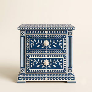 Luxury Navy <b>Blue</b> Bone Inlay <b>Bedside</b> <b>Table</b> 2 Drawer Floral Handmade Nightstand Wooden Furniture for Bedroom, Living Room - Product Image 1