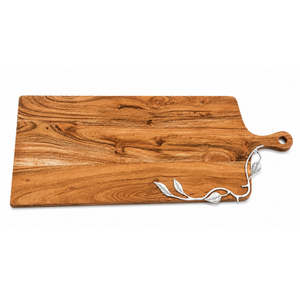 Planche à charcuterie élégante et moderne en bois durable avec poignée en métal argenté et accent feuille, plateau de service en acacia pour fromages, compatible lave-vaisselle - Product Image 1