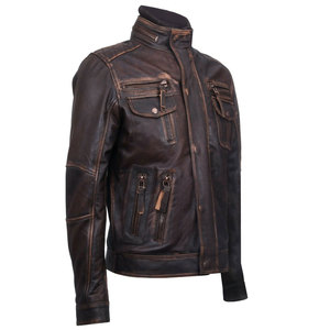 Blouson moto homme personnalisé en cuir véritable marron délavé, col montant, fermeture éclair, coupe ajustée, style automne - Product Image 3