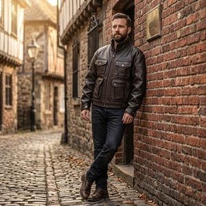 Men Brown Leather Stand Collar Zipper Front Pockets <b>Jacket</b> <b>Racing</b> Biker <b>Jacket</b> Custom Leather Riding <b>Jacket</b> Wholesale - Product Image 4