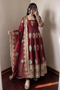 Conjunto de Salwar Kameez de Seda Bordada Color Marrón Indio, Vestido Anarkali con Dupatta, Ropa Étnica para Mujer, Traje de Fiesta y Boda - Product Image 2