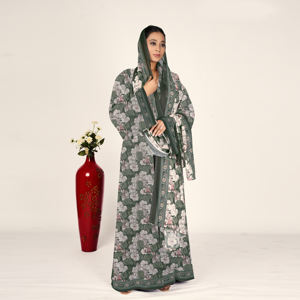 Abaya de Chifón con Estampado Botánico, Bufanda Drapeada, Abertura Frontal, Manga Larga, Vestido Islámico Modesto para Mujer, Largo hasta el Suelo, para Oración del Eid - Product Image 4