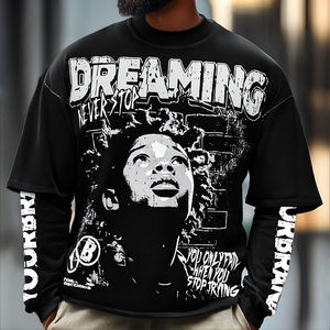 T-shirt surdimensionné à manches patchwork double couche, coupe régulière, effet délavé, avec impression graphique personnalisée et broderie - Product Image 2