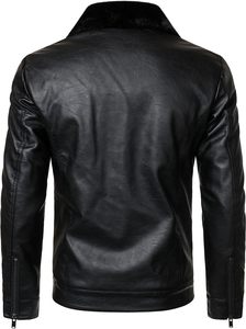 Men Black PU Leather Moto <b>Biker</b> <b>Jacket</b> Zipper Front Turn-down Collar 100% Polyester Fiber Lining Windproof Autumn Regular-Length - Product Image 5