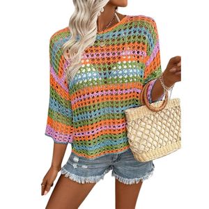 Suéter de Ganchillo de Manga 3/4 para Mujer, Primavera-Verano, Diseño Calado con Bloques de Color y Rayas, Blusa Informal para la Playa o Vacaciones - Product Image 3
