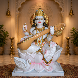Estatua de mármol de Saraswati con veena y cisne |   Murti de la Diosa Saraswati en Mármol Blanco para Templo en Casa y Decoración Espiritual por MALIYA - Product Image 1