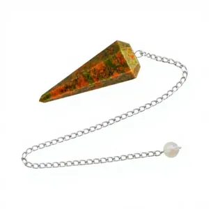 Péndulo de Cristal de Unakita Natural con Cadena Plateada, Péndulo de Radiestesia de Piedra Preciosa Verde Rosa Facetada, Venta al por Mayor - Product Image 2