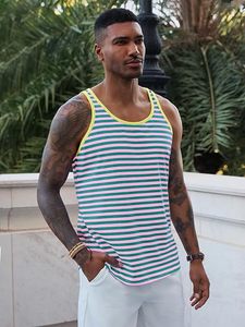 <b>Men's</b> Striped Tank Top O-Neck Knitted Casual Sleeveless Muscle <b>Vest</b> Green <b>White</b> Pink Yellow Trim - Product Image 3