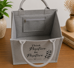 <b>Think</b> Positive Be Positive Jute Tote Bag Medium Size Hand Length Handle Daily Use Shopping Bag - Product Image 5