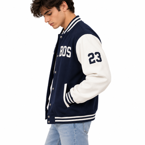 Chaqueta Varsity Azul Marino y Blanca para Hombre, Bordada con BOS 23, Estilo Preppy, Fibra de Algodón, Corte Regular, para Otoño - Product Image 1