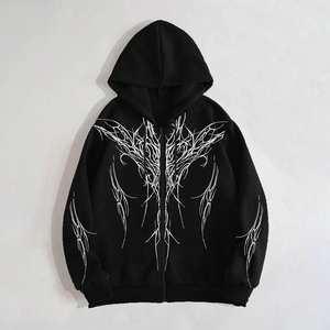 Men's Gothic <b>Zip</b>-<b>Up</b> Hooded Sweatshirt Oversized Black <b>White</b> Print Breathable French Terry Autumn Wear High Quality Eco-Friendly - Product Image 1