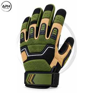 Gants de mécanicien vert olive et beige avec paume texturée noire, panneaux en tissu côtelé et sangle de poignet réglable - Product Image 2