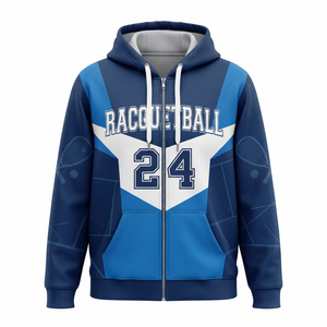 Sweat à capuche de racquetball pour homme avec fermeture éclair et poche avant, imprimé bleu et blanc, design sportif, coupe classique, idéal pour l'automne, prix de gros - Product Image 1