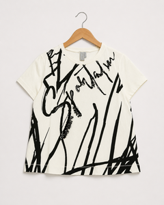 Women's Cream Cotton T-Shirt With Hand-<b>Drawn</b> Black Abstract Print Crew Neck Short Sleeve Casual Style - Product Image 1