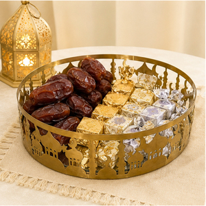 <b>Gold</b> Metal Ramadan <b>Serving</b> <b>Tray</b> with Mirrored Base Hollow Out Mosque Laser Cut Design Circular Eid Mubarak Dessert Pastry - Product Image 2