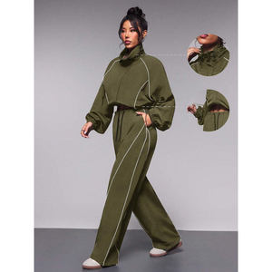 Women's Olive Green 2 Piece Set <b>Turtleneck</b> <b>Crop</b> <b>Top</b> Wide Leg Pants Casual Loose Fit Breathable Knitted Fabric women set's - Product Image 2