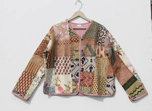 Chaqueta Acolchada de Algodón para Mujer, Estilo Kimono Abierto por Delante, con Ribete a Rayas, Chaqueta Acolchada Hecha a Mano con Borde Crudo, Estilo Boho, Nuevo Estilo - Product Image 2