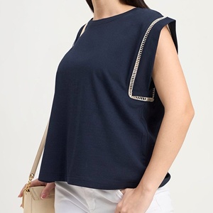 T-shirt décontracté pour femme en coton bleu marine, col rond, manches courtes, coupe classique, en jersey bouclette à sequins, couleur unie, tricoté - Product Image 3