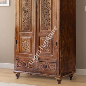 Luxury Handcrafted Solid Wood 2 Door <b>Wardrobe</b> Ornate Leaf Carving Rustic Antique Finish Armoire - Product Image 3