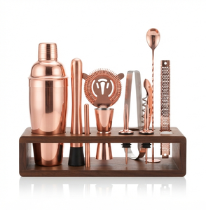 Copper Finished Metal Bar Tool <b>Set</b> With Wooden Stand Complete <b>Cocktail</b> <b>Making</b> Kit Luxury Bartender Tools For Home Bar - Product Image 5